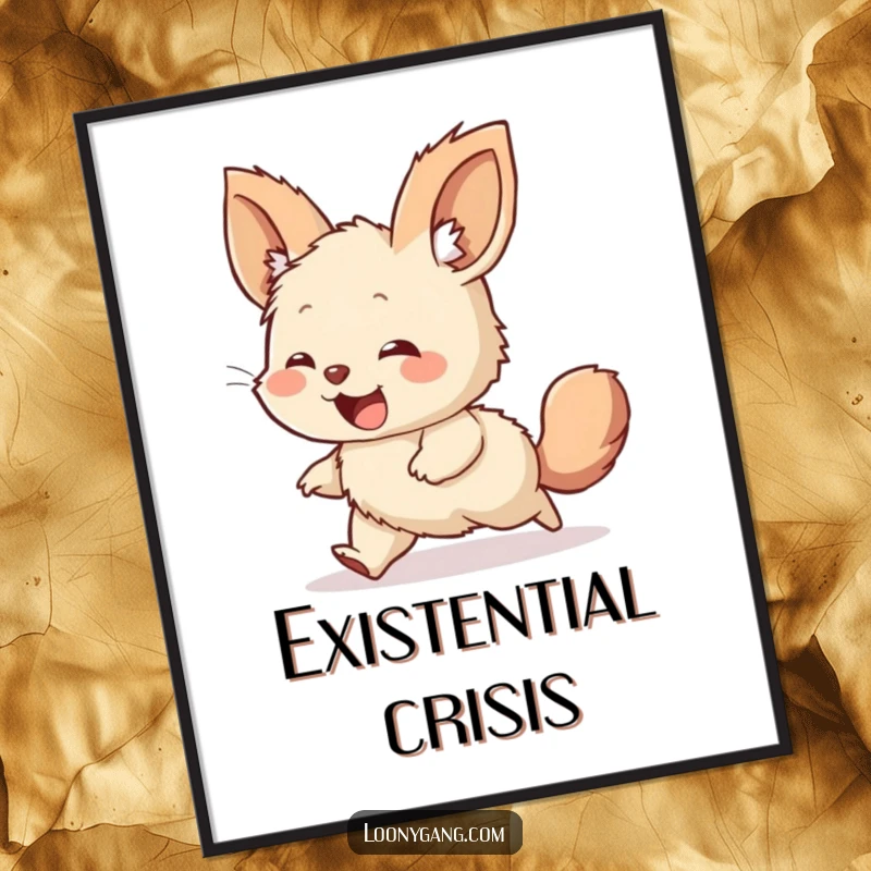 Funny digital art print of a giggling, furry creature with huge ears, joyfully and comically spinning in pursuit of its own tail.