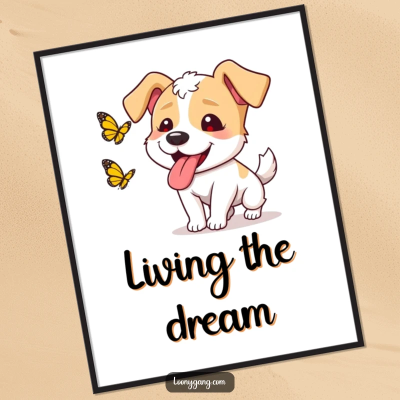 Funny dog butterfly digital art print of a goofy dog with its tongue out, chasing a butterfly, perfect for instant, humorous wall decor.