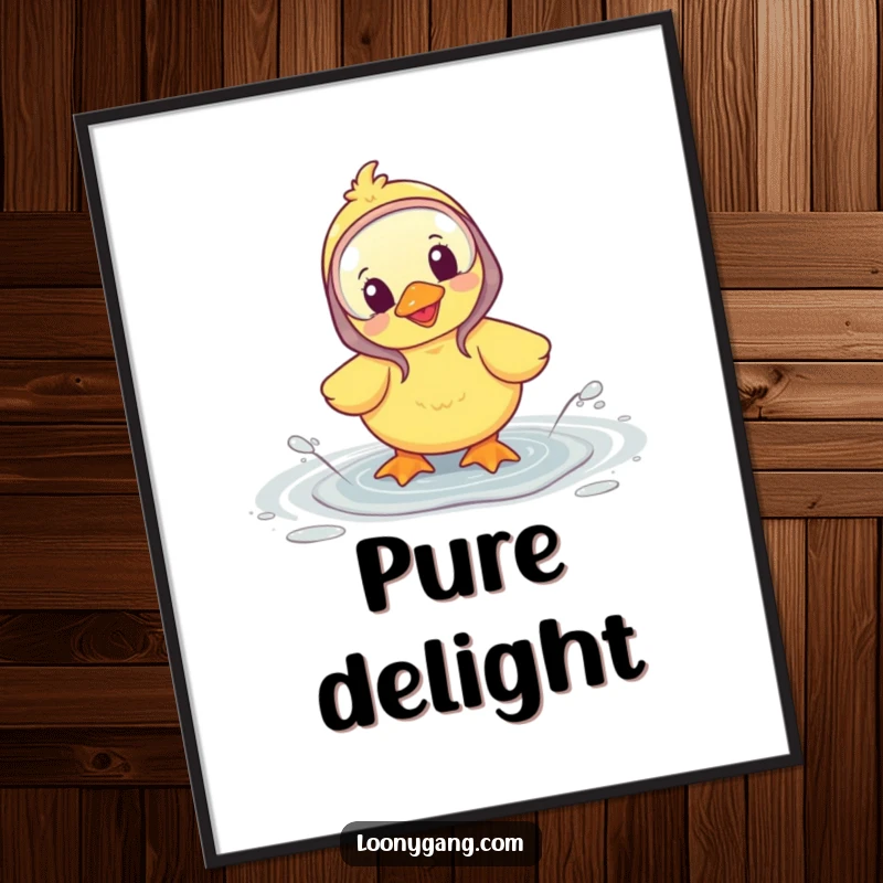 Funny digital art print of a happy duckling in galoshes splashing in a puddle, bringing cheer.