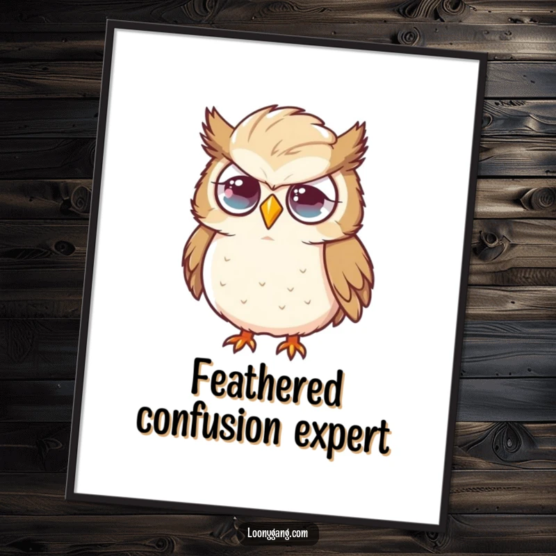 Funny owl digital art print looking flustered with a large feather, perfect for adding a splash of charming, humorous art to any digital display.