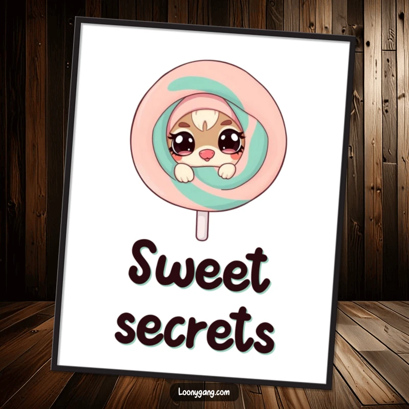 Funny digital art print of a mischievous small creature with wide, twinkling eyes peeking from behind a giant, wobbly lollipop, ready for display.