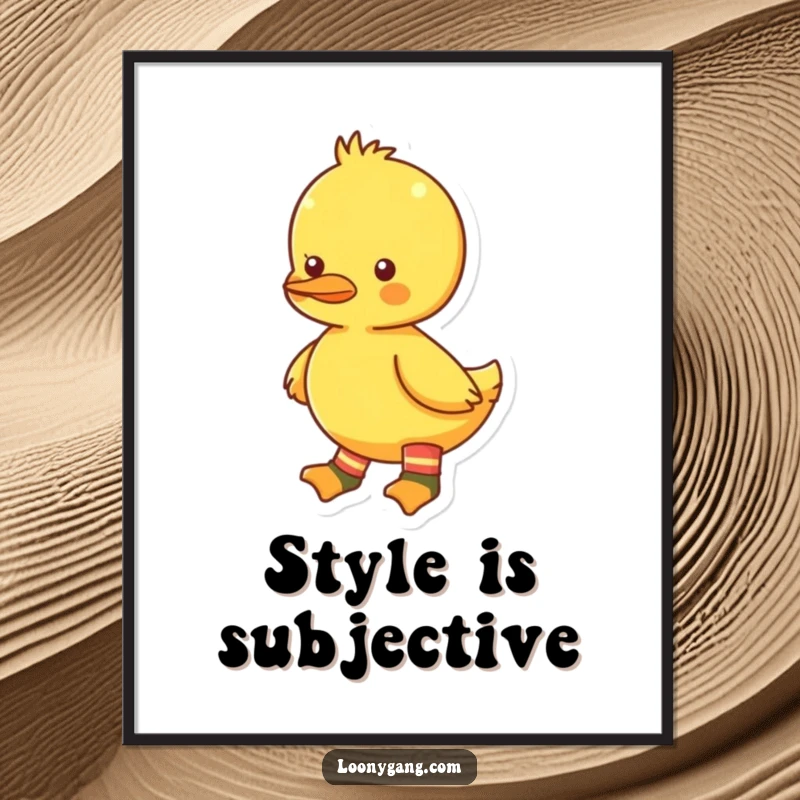 Funny bright yellow duckling digital art print featuring mismatched socks, perfect for adding a splash of quirky, humorous art to any digital display.