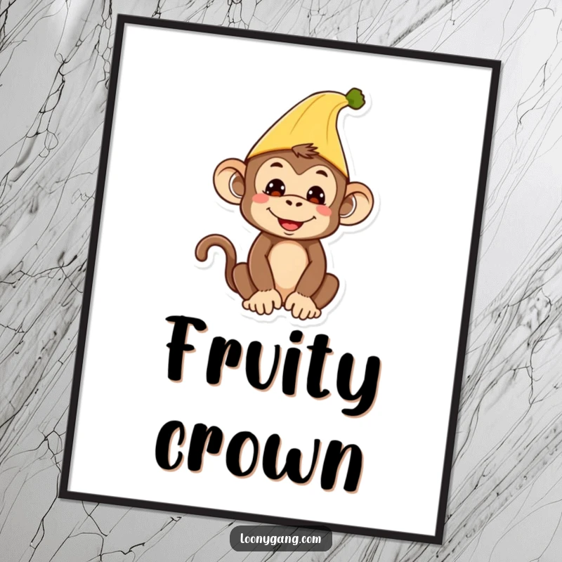 Funny Monkey Digital Art Print: Instant download of a silly monkey wearing a banana peel hat.