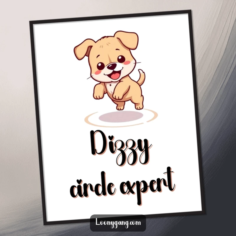 Funny puppy digital art print of a clumsy dog spinning in a dizzy circle chasing its tail, perfect for instant download wall decor. Adds humor and charm to any room.