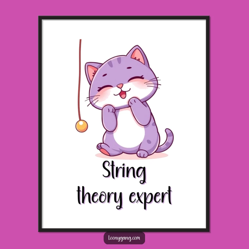 Funny Purple Cat Digital Art: Playful String Chase, Instant Humor Decor