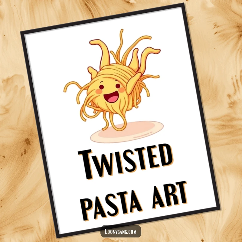 Funny Spaghetti Somersault Digital Art Print featuring a grinning spaghetti noodle performing a clumsy somersault, ready to bring whimsical charm to any frame.