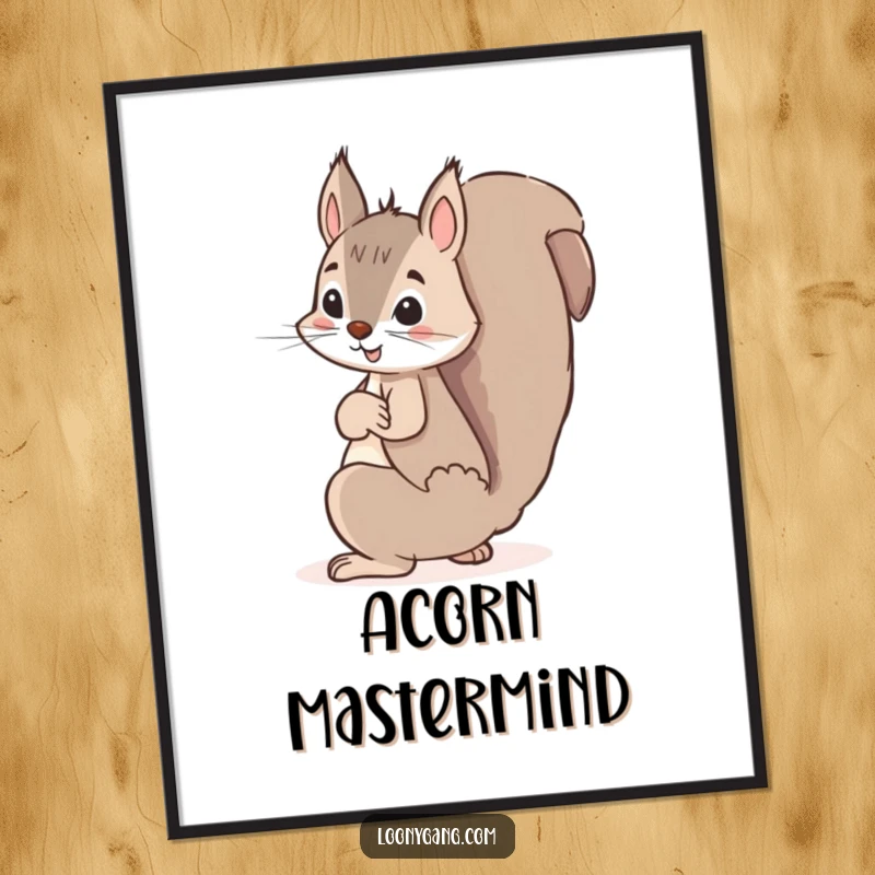 Funny squirrel digital art print, a mischievous squirrel hiding a giant acorn behind its back, ready to add intrigue.
