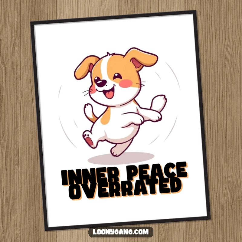 Funny Wobbly Dog Digital Art Print showing a dog joyfully chasing its tail in a dizzy circle, perfect for immediate download and adding humorous decor.