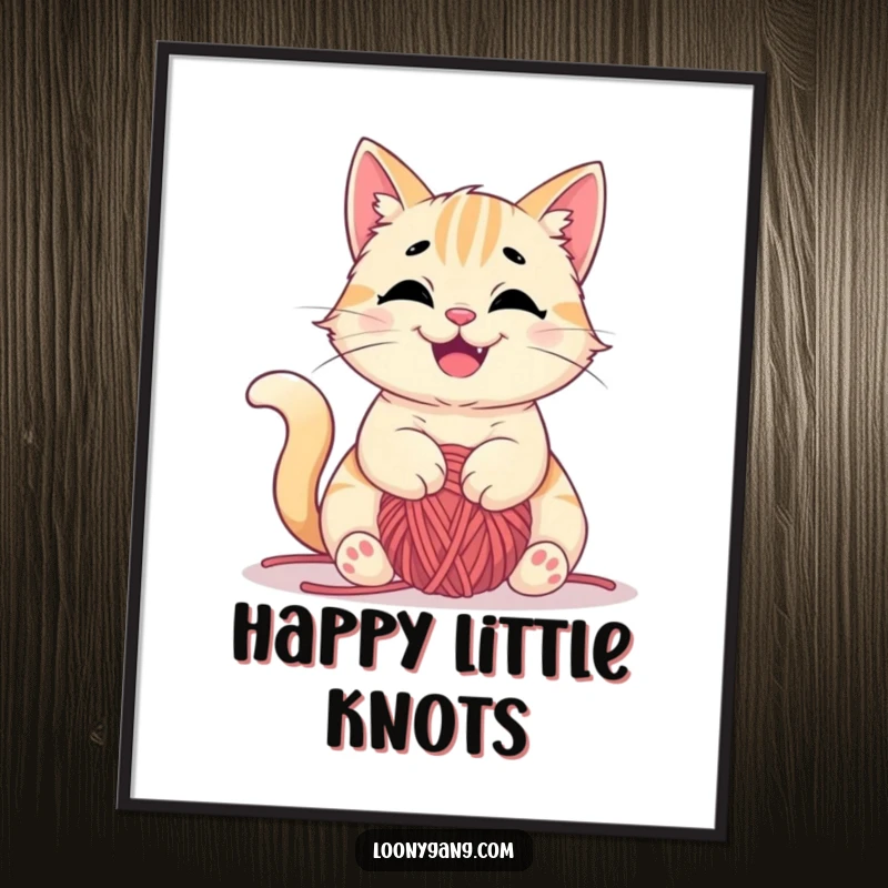 Funny cat yarn digital art print showing a happy tangled cat, instant download, humorous decor, great funny gift.