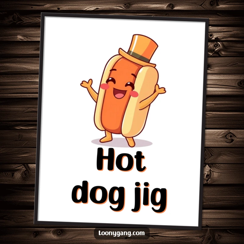 Funny Hot Dog Jig Digital Art Print: A grinning hot dog with a tiny top hat dances a jig, offering instant festive wall art.