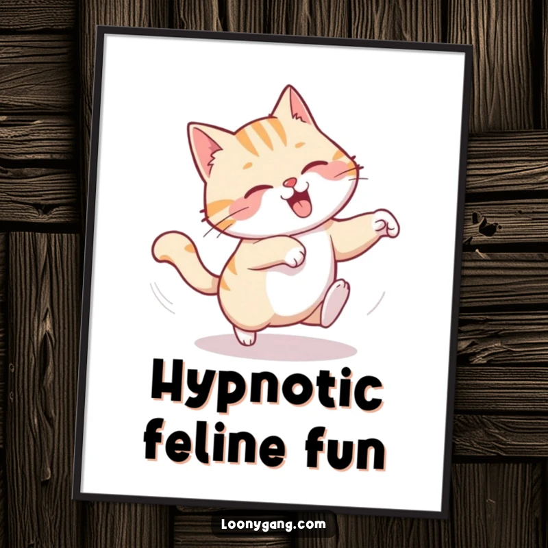 Funny digital art print of a chuckling cat in a dizzying spin, comically chasing its tail with pure energy.