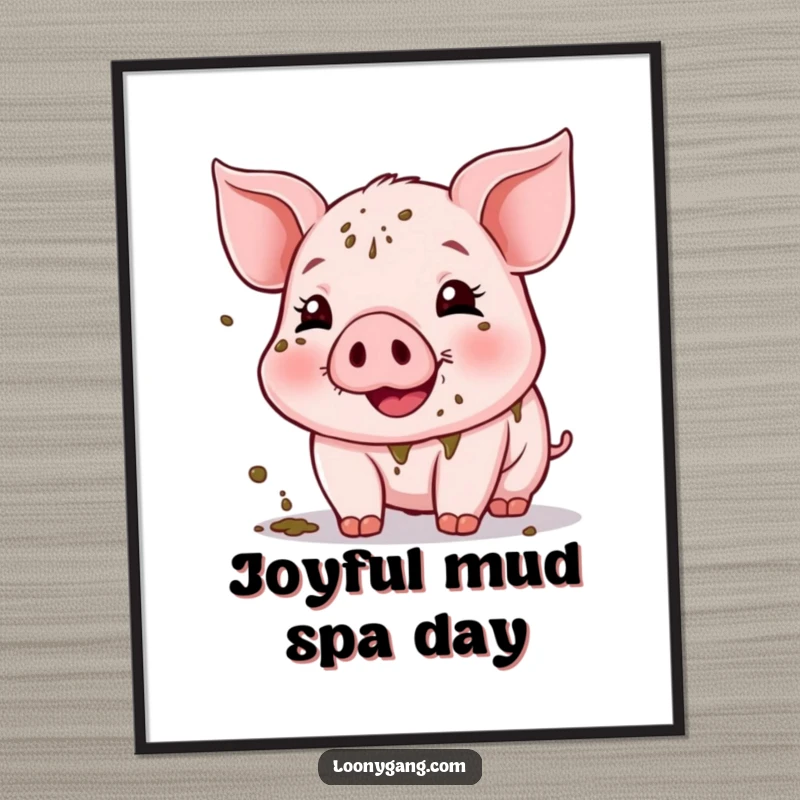 Funny Muddy Piglet Digital Art Print showing a jubilant piglet completely covered in mud. A downloadable piece of humorous art.