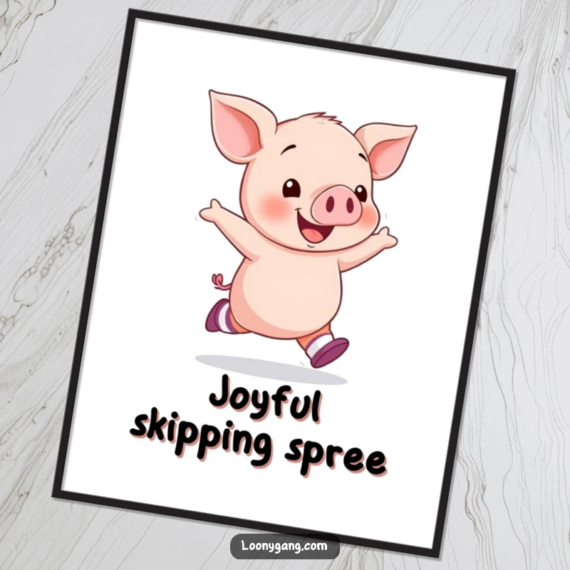 Funny piglet socks digital art print of a happy piglet skipping with mismatched socks, perfect for instant, humorous wall decor.