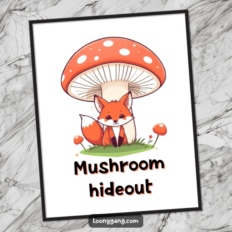 Funny fox digital art print of a sly red fox peeking from behind a giant, comical mushroom, perfect for instant download wall decor. Adds whimsy and humor to any room.