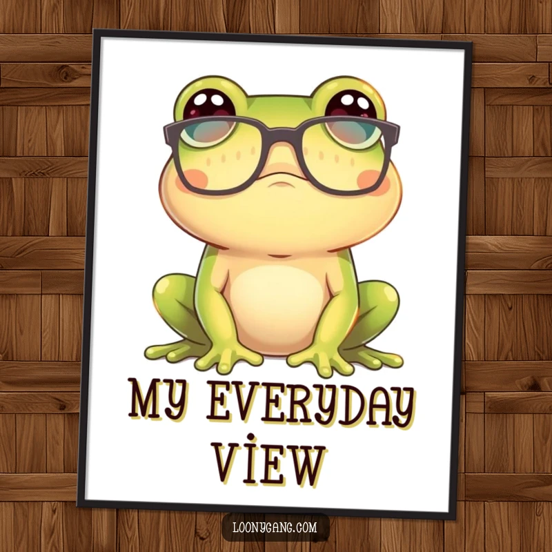 Funny frog wearing oversized glasses looking confused, a high-resolution digital art print perfect for a funny gift.