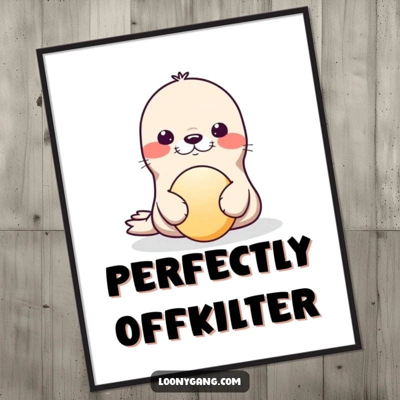 Funny Digital Art Print of a seal energetically balancing a ball on its nose, captured in a moment of humorous instability.