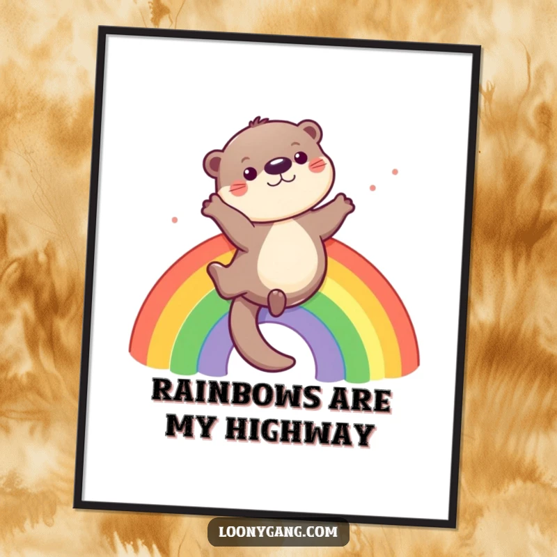 Funny digital art print of a playful otter sliding down a rainbow, ideal for wall decor.