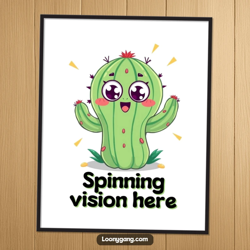 Funny digital art print of a cactus with googly eyes spinning at high speed, a visually dynamic and amusing piece for instant decor.