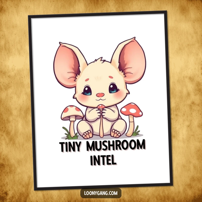 Funny creature digital art print of a character with oversized ears listening intently to a tiny mushroom, conveying focus.
