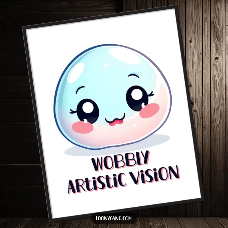 Funny wobbly jelly blob digital art print, a big-eyed, jiggly character wobbling uncontrollably, ideal for adding quirky decor.