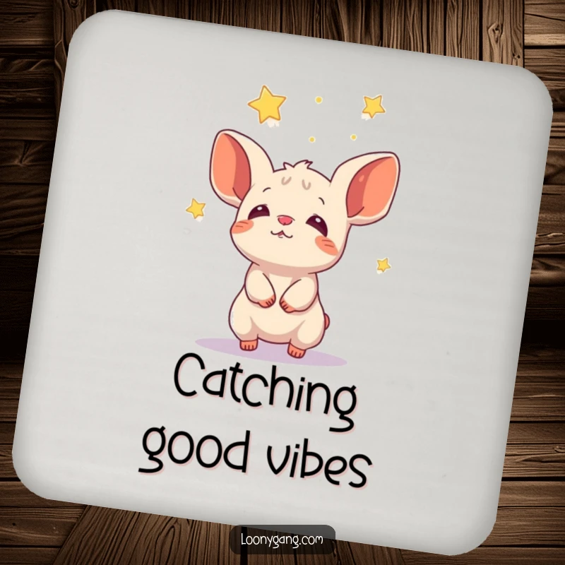 Funny short animal with big ears catching falling stars, humorous drink coasters.