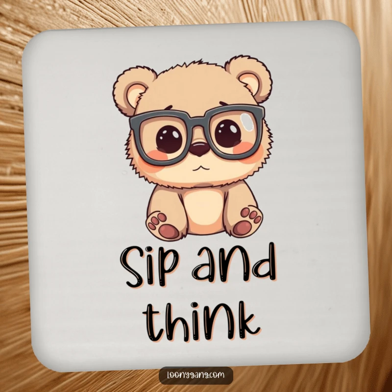Funny bear cub wearing oversized glasses, peering around curiously, adding playful humor to your surfaces with this coaster.