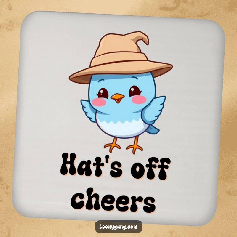 Funny blue bird coasters featuring a smiling blue bird wearing a comically oversized and crooked hat, protecting surfaces with charm and humor. Ideal for adding a funny touch to any home.