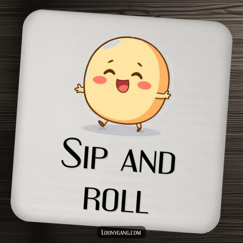 Funny Bread Roll Skip Coaster showcasing a round, cheerful bread roll character attempting to skip with pure joy, protecting surfaces with wholesome amusement.