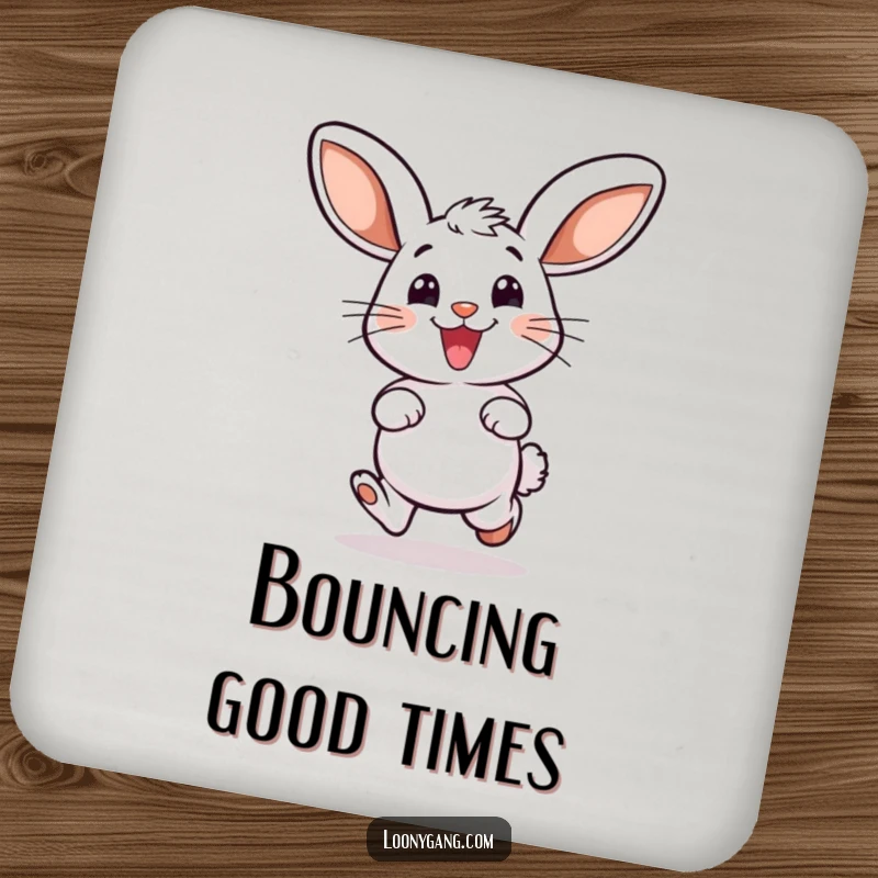 Funny drink coaster featuring a smiling bunny with oversized ears, doing a delighted hop, protecting tables with charm.