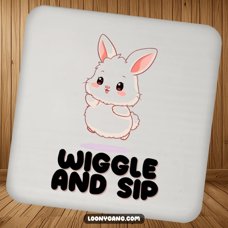 Funny bunny coaster featuring a fluffy white rabbit in an exaggerated wiggle hop, protecting surfaces with humor.