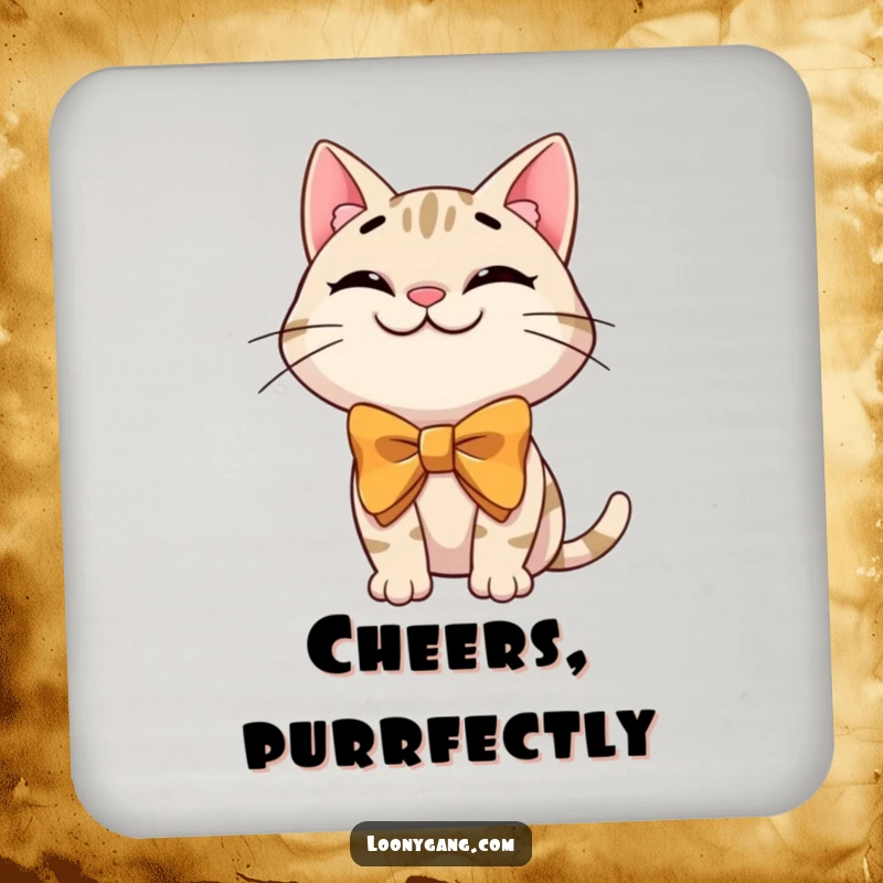 Funny cat bowtie coaster featuring a grinning cartoon cat in a silly, oversized bowtie, protecting surfaces with feline humor.