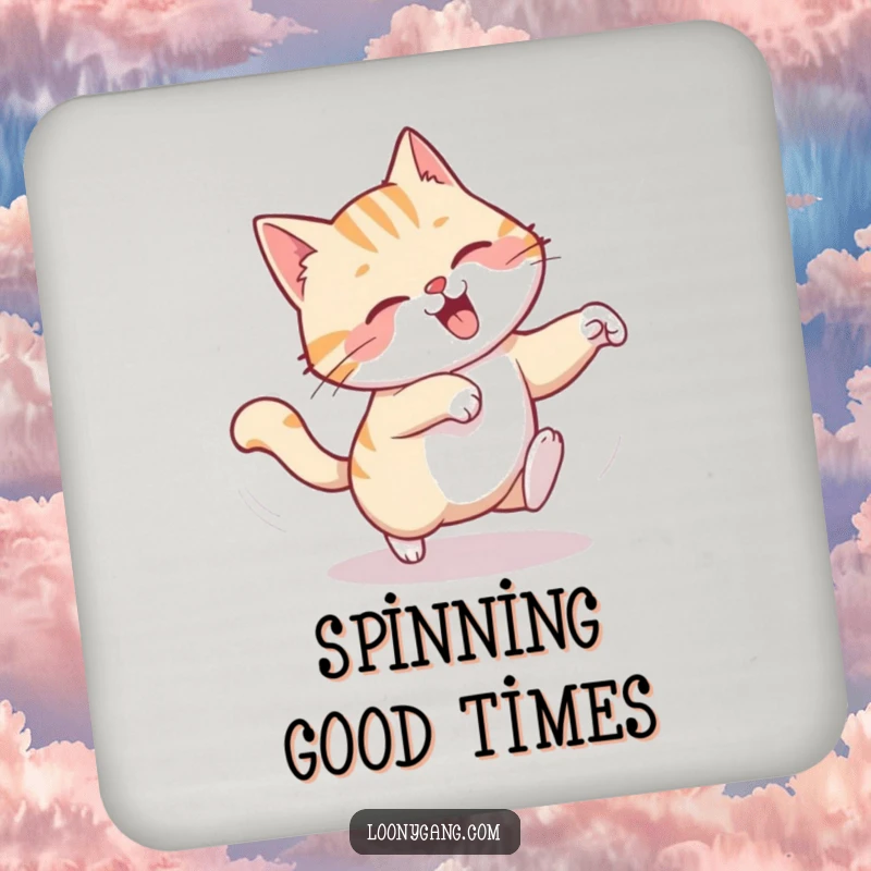 Funny drink coaster featuring a chuckling cat in a dizzying spin, comically chasing its tail, protecting tables with humor.