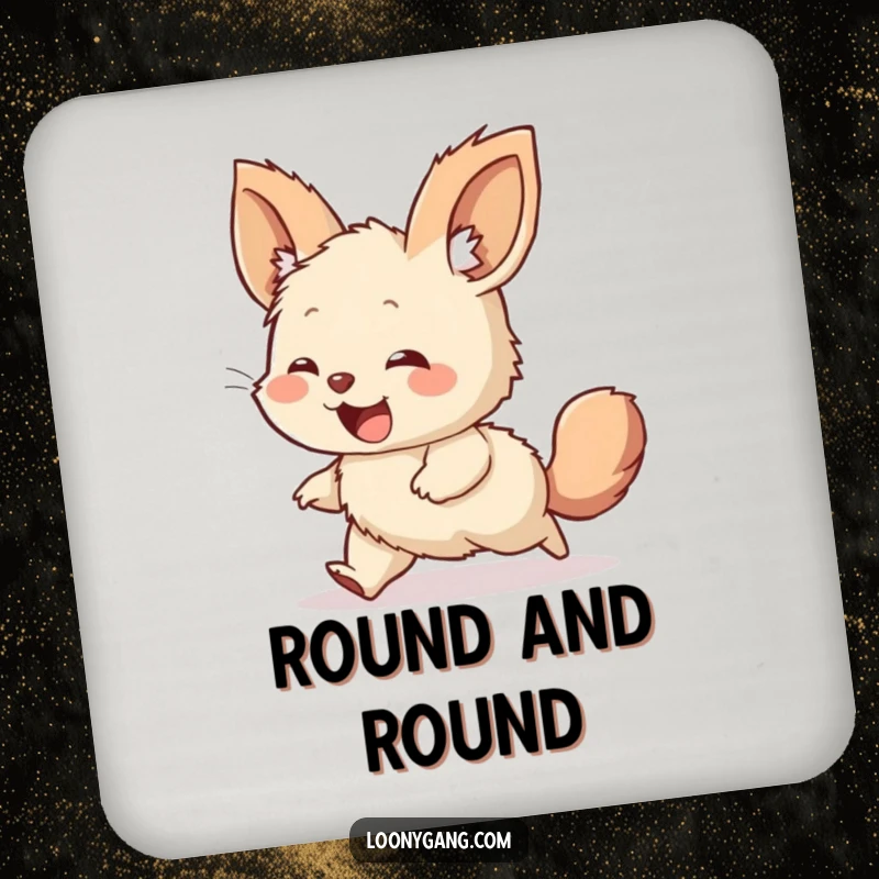 Funny drink coaster set showing a giggling, furry creature with oversized ears, comically spinning while chasing its own tail.