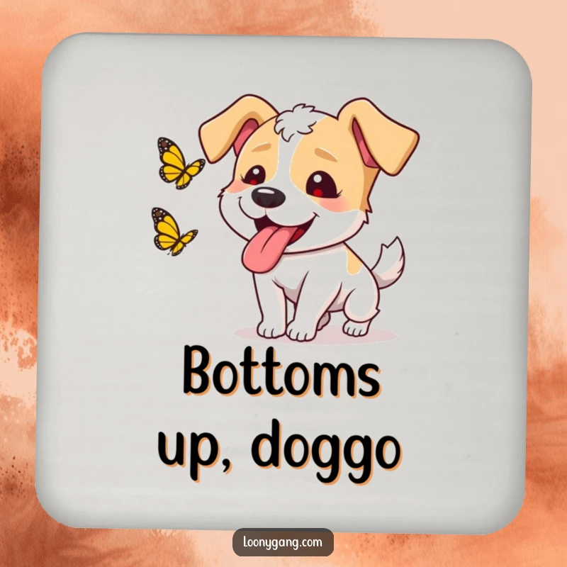 Funny dog butterfly coaster featuring a goofy dog with its tongue hanging out, chasing a butterfly, protecting surfaces with humor.