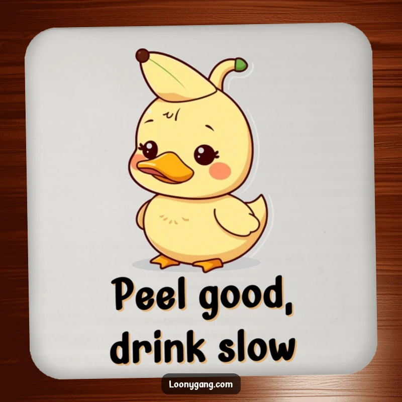 Funny dorky duckling with banana peel hat, set of coasters, cute decor.
