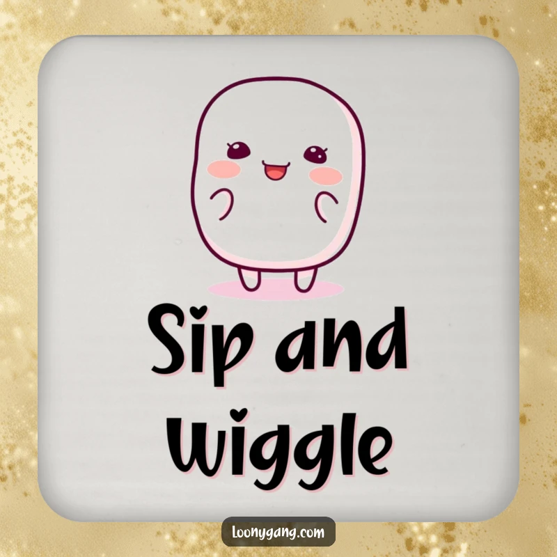 Funny Marshmallow Wiggle Coaster showcasing a happy, jiggly marshmallow character wiggling with pure silliness, protecting surfaces with sweet amusement.