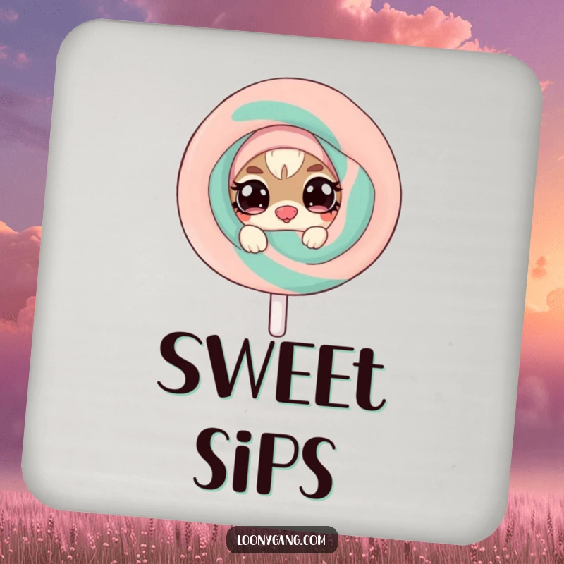 Funny drink coaster depicting a mischievous small creature with twinkling eyes peeking from behind a giant, wobbly lollipop, offering playful protection.
