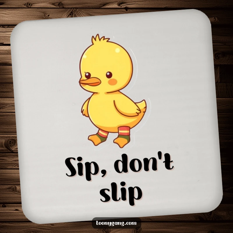 Funny bright yellow duckling drink coasters, each featuring mismatched socks, offering quirky and humorous protection for surfaces. A set of funny gifts.