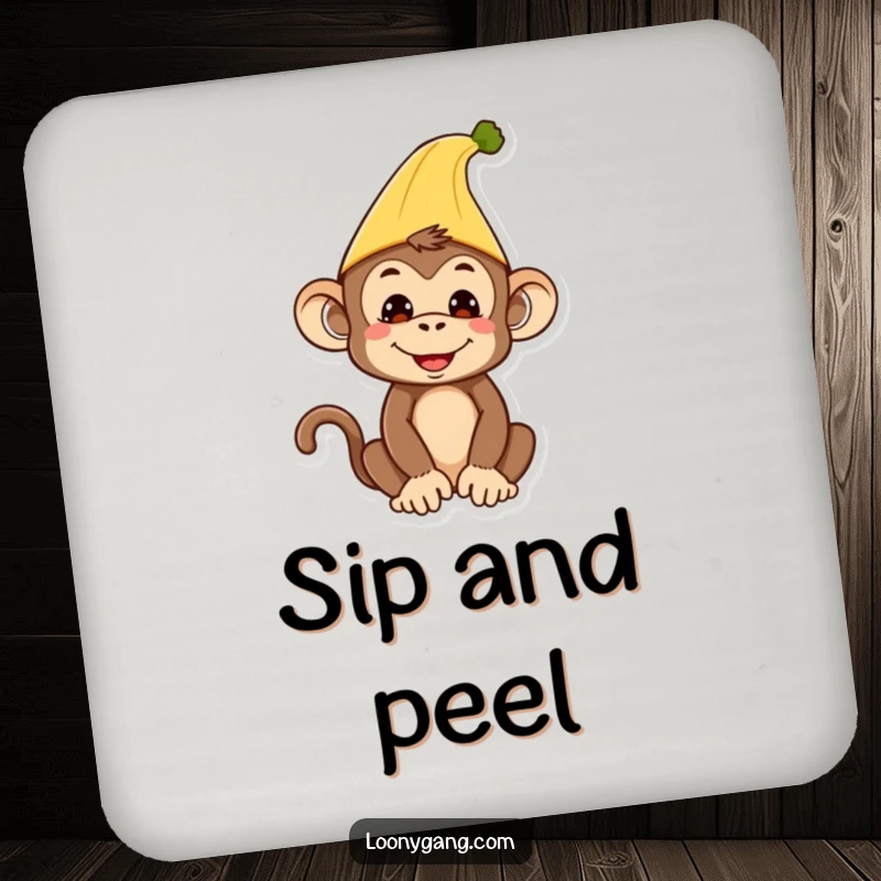Funny Monkey Coasters: Set of 4, silly monkey wearing a banana peel hat, protecting surfaces.