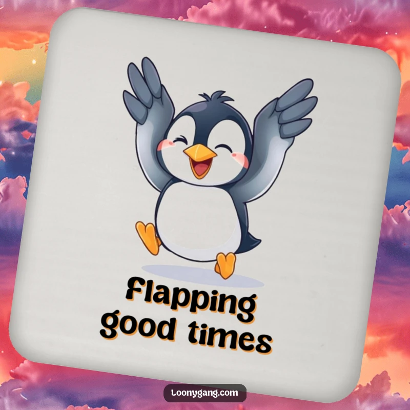 A set of coasters depicting a funny penguin cub energetically flapping its wings, attempting to fly, while protecting surfaces.