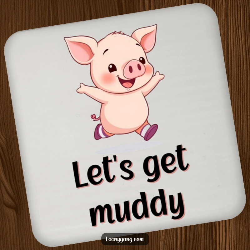 Funny piglet socks coaster featuring a happy piglet skipping with mismatched socks, protecting surfaces with piglet humor.