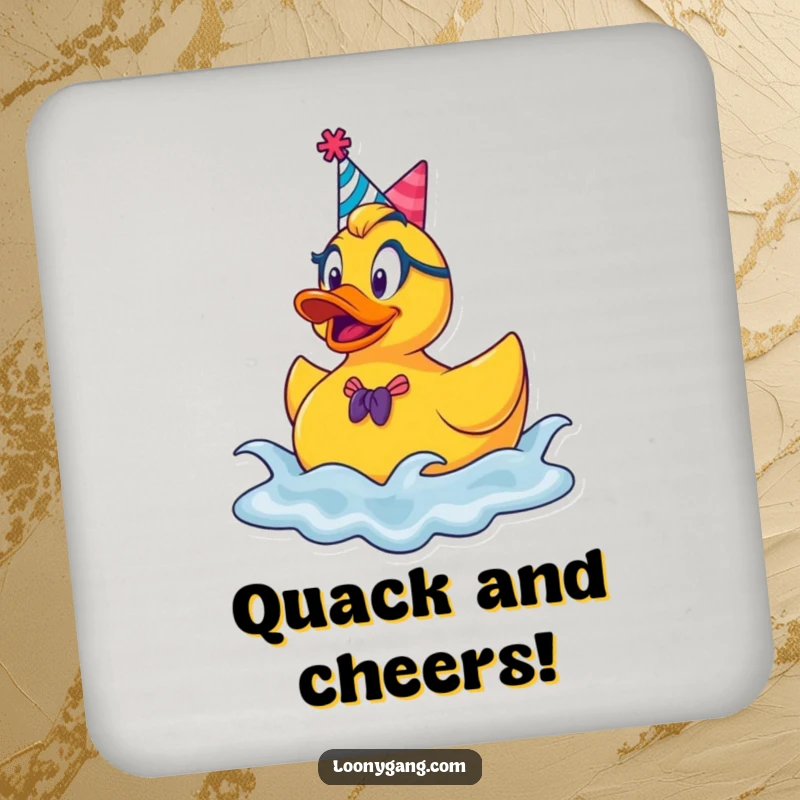 Funny rubber ducky party coasters, goofy ducks in party hats bouncing on waves, adding festive protection to surfaces.