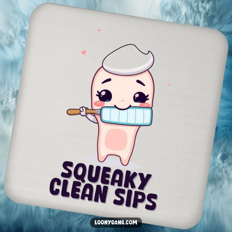 Funny animated toothbrush with a wide, silly smile brushing air, guarding your drinks on this humorous coaster.