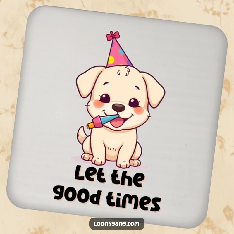 Funny drink coaster featuring a happy dog with a party hat and noisemaker, adding a festive touch to any surface.