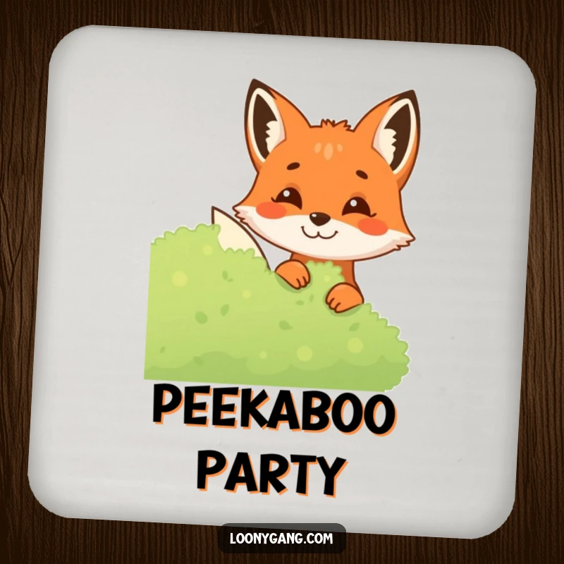 Funny Fox Drink Coaster featuring a mischievous fox peeking from a bush, protecting surfaces with a dose of woodland humor.