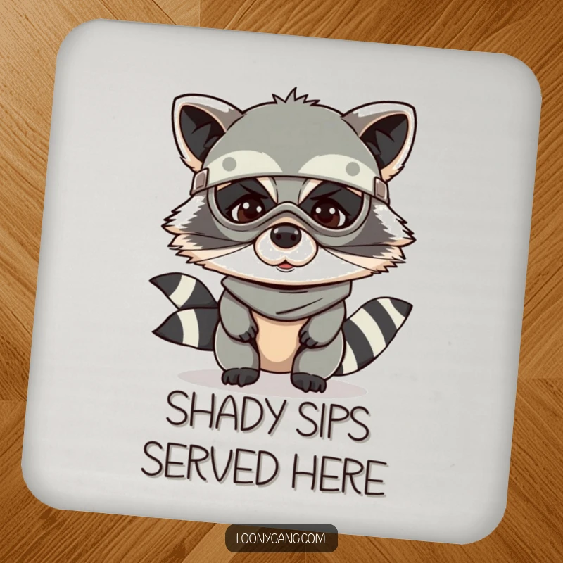 Funny raccoon coaster featuring a giggling raccoon wearing a bandit mask, protecting furniture.