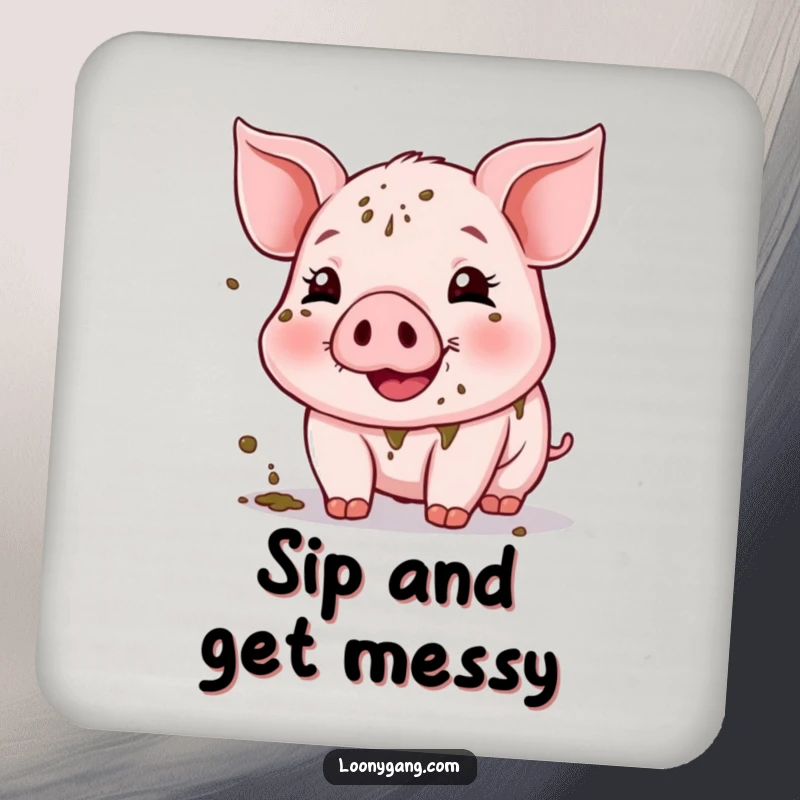 Funny Muddy Piglet Drink Coaster featuring a beaming piglet covered in delightful mud splatters. A practical and humorous accessory.