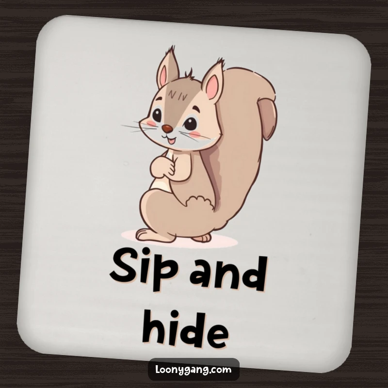 Funny squirrel coaster, a mischievous squirrel hiding a giant acorn behind its back, protecting surfaces with adorable, sly charm.