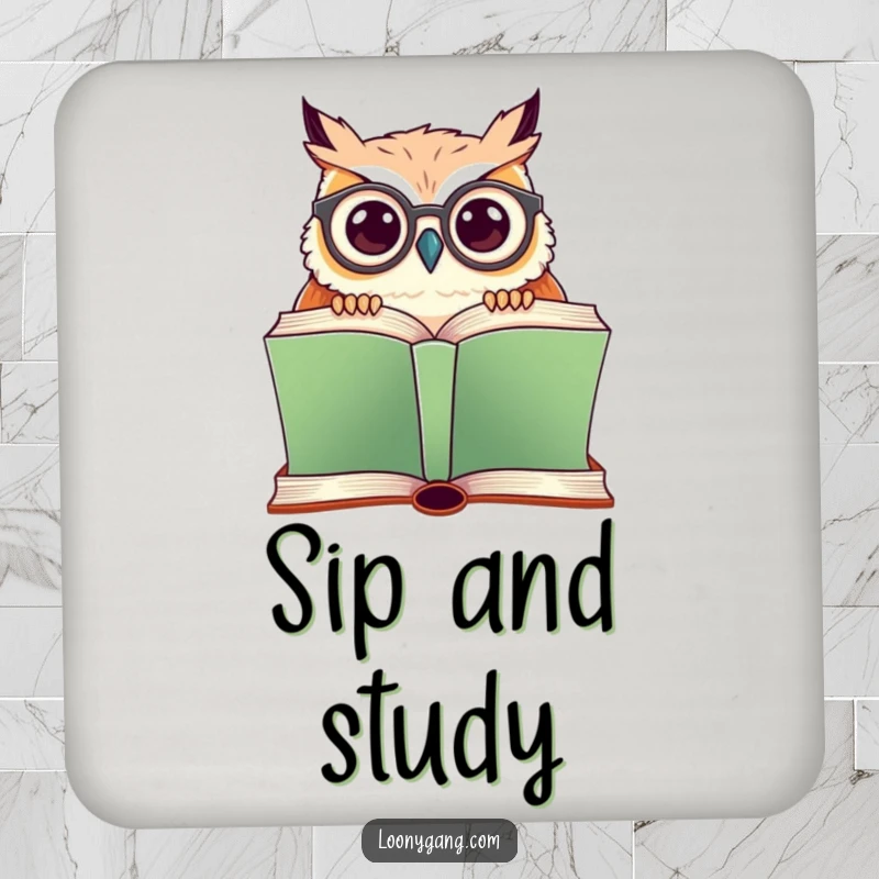 Funny drink coaster featuring a cute owl with crooked glasses peeking over a large book, protecting surfaces.