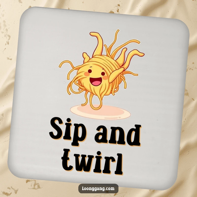 Funny Spaghetti Somersault Coaster showcasing a grinning spaghetti noodle mid-clumsy somersault, protecting surfaces with pasta-themed amusement.